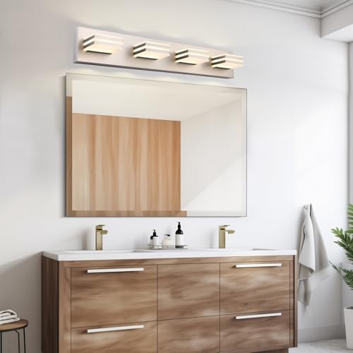 4 Light LED Brushed Nickel Vanity Lights for Bathroom Light Fixtures Adjust 3 Colors Modern Bath Lighing Over Mirror LED Vanity Light 27inch (3 Count)