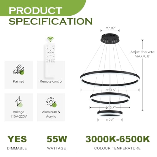 3 Rings Modern LED Chandelier Black Dimmable Pendant Lighting with Remote Control Circular Flush Mount High Ceiling Light for Dining Room Living Room Entrance Foyer