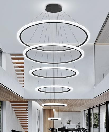 Modern LED Dimmable Chandelier 6 Ring High Ceiling Large Chandelier for Living Room Hanging Light Fixture for Foyer Staircase Black