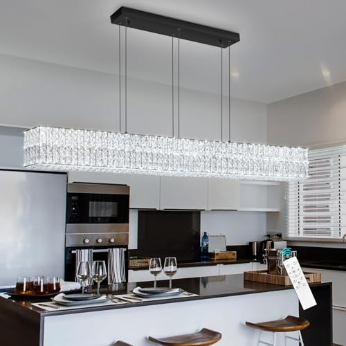 Rectangular Crystal Chandelier Dimmable LED Linear Chandeliers for Dining Room Remote Ceiling Pendants Light Fixture for Kitchen Island Black