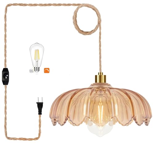 Plug in Pendant Light Hanging Lights with in Cord Mid Century Modern Gold Hanging Lamp Flower Glass Amber Vintage Dimmable Chandelier Ceiling Fixture for Living Room