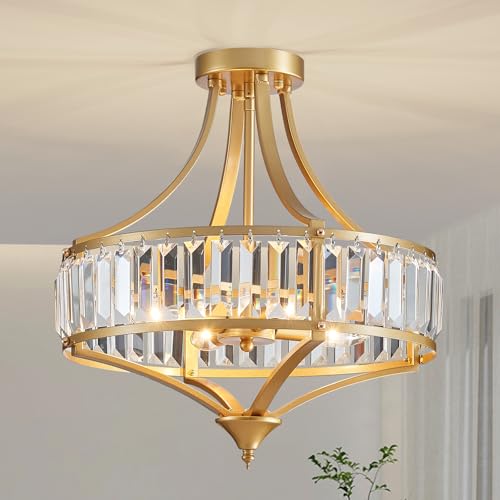 Modern Gold Crystal Chandelier 4 Lights Semi Flush Mount Ceiling Light Fixture E12 Base Farmhouse Mid Century Chandelier for Dining Room Bedroom Hallway Entryway Kitchen