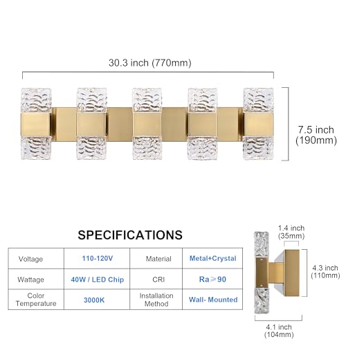 5 Lights Brass Crystal Vanity Light Bar LED Bathroom Lights 30.3 in