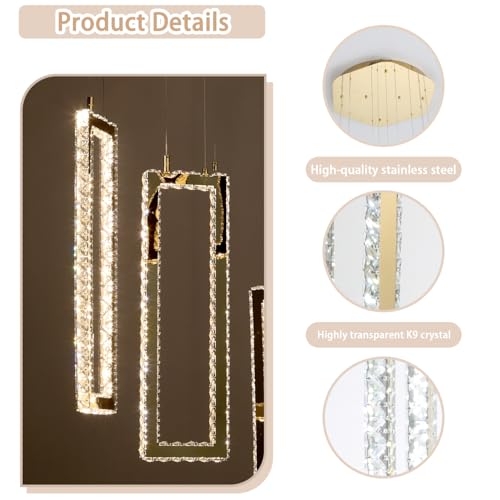 Modern Led Gold Chandelier Adjustable 6 Rings Crystal Chandelier for Living Room Foyer Stairwell Lighting High Ceiling Lamp Dimmable 2700K