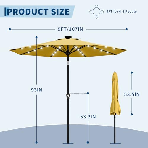 9FT Solar Patio Umbrella Outdoor Umbrella with 32 LED Lights