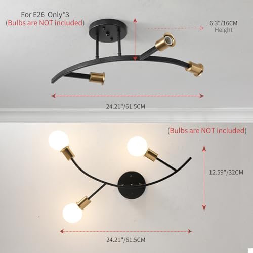 3 Lights Modern Sputnik Semi Flush Mount Ceiling Light Fixture Black and Gold