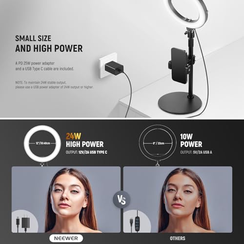 12" 24W High Power Desk Ring Light with Stand