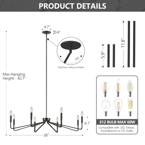 8 Light 38 Inch Large Black Farmhouse Chandelier for Living Room (8 Count)