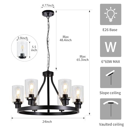 6 Light Farmhouse Chandelier Light Fixture Dining Room Lighting Fixtures Hanging Wagon Wheel Chandelier Kitchen Island Pendant Lights Modern Black Industrial Rustic Adjustable Height Metal