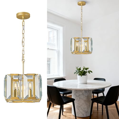 Gold Modern Crystal Chandeliers Rectangle Farmhouse Pendant Light Semi Flush Mount Ceiling Light Fixture for Bedroom Dining Room Kitchen Island Living Room Foyer Hallway