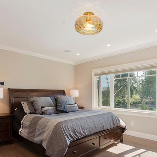 Brass Gold Semi Flush Mount Ceiling Fixture 11" Hammered Glass Shade Modern Close to Ceiling Lighting 1