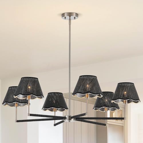 39" Boho Rattan Chandelier Large Adjustable Modern Black and Brushed Nickel Pendant Light for Kitchen Island Dining Living Room