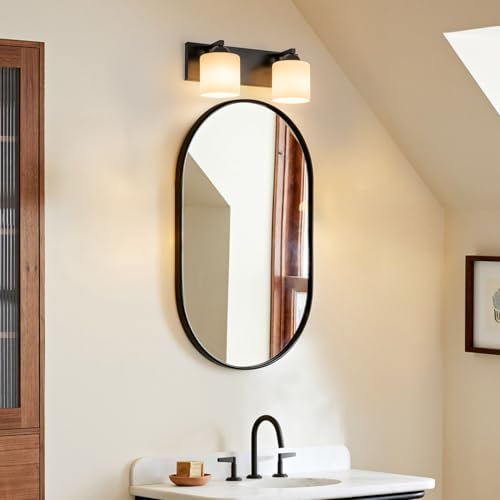 2 Light Black Bathroom Vanity Light with White Glass Shades