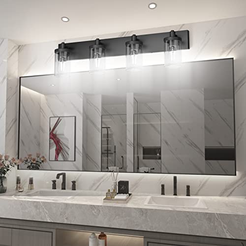 Bathroom Vanity Light Farmhouse 4 Light Matte Black Vanity Lighting Fixtures with Clear Glass Shade