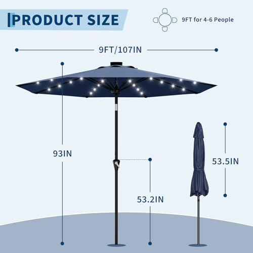 9FT Solar Patio Umbrella Outdoor Umbrella with 32 LED Lights
