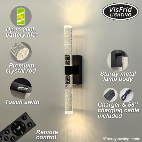 Easy Install Battery Operated Crystal Wall Sconces Dimmable Set of 2