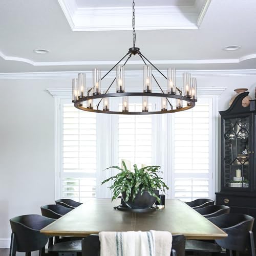 16 Light Large Wagon Wheel Chandelier with Clear Glass Shade Black Round Pendant Light Farmhouse Industrial Chandeliers Dining Room Light Fixture for Stair Living Room Foyer Kitchen