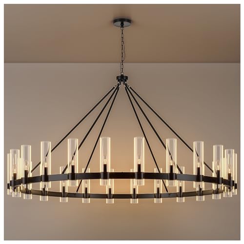 70 Inch Black Wagon Wheel Chandelier with Glass Shade