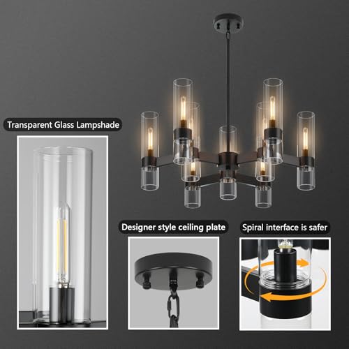 9-Light Black Farmhouse Chandeliers for Dining Room Light Fixture 28" | Modern Chandelier Over Table with Clear Glass Cover for Living Room Kitchen Island Bedroom Foyer Hallway Bathroom Restaurant