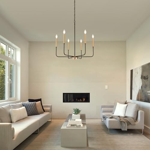 6-Light Black and Gold Dining Room Chandelier Light Fixture | Modern Farmhouse, Height Adjustable, Hanging Lights with Chain, For Living Room, High Ceiling Entryway, Bulbs Not Included