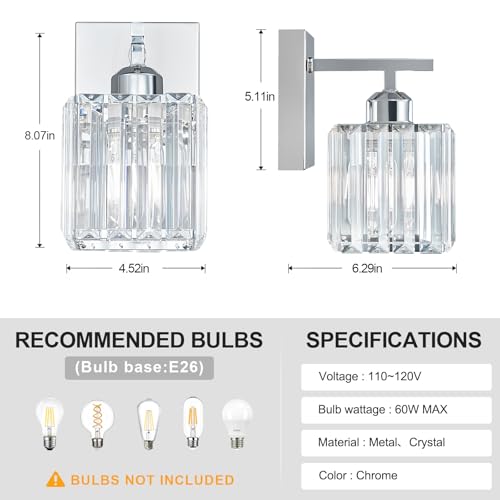Modern Wall Sconces Set of Two Indoor Wall Lamp Chrome Wall Sconce Crystal Wall Light Bathroom Vanity Light Fixtures Wall Mounted Room Sconce Wall Lighting (2 Count)