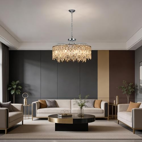 10 Lights Chrome Round Crystal Chandeliers for Dining Room 28"