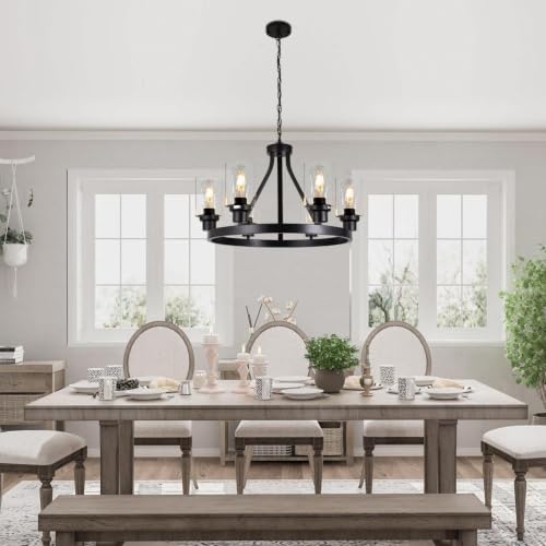 6 Light Farmhouse Chandelier Light Fixture Dining Room Lighting Fixtures Hanging Wagon Wheel Chandelier Kitchen Island Pendant Lights Modern Black Industrial Rustic Adjustable Height Metal