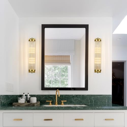 Gold Wall Sconces Set of Two with Crystal Glass Strip Bathroom Sconces 2 Light E12 Base Modern Wall Lights for Bedroom Living Room Hallway Wall Light Fixtures (2 Count)