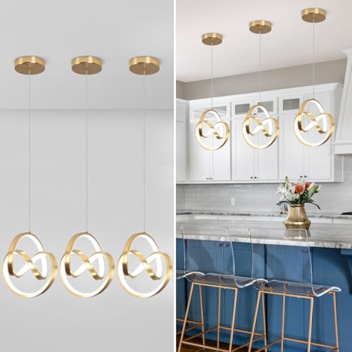 Modern LED Pendant Light Fixtures 5500K Pendant Lights Kitchen Island Lighting Adjustable Height Gold Hanging Lamp for Dining Room Bedroom Living Room (3 Count)