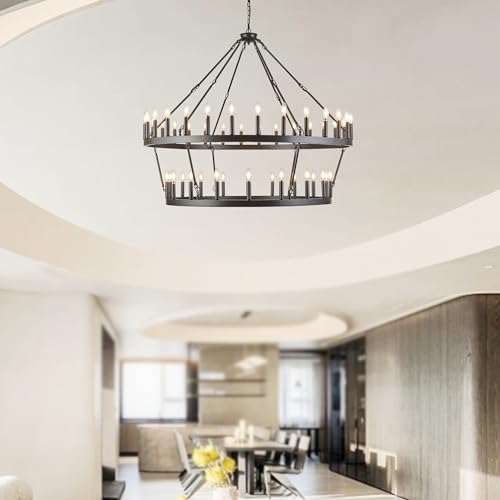 Rustic Farmhouse Wagon Wheel Chandelier Oil Rubbed Bronze Large Chandeliers for High Ceilings 2 Tier 48 Lights 55 Inch for Dining Room Living Room Foyer Porch Kitchen Island