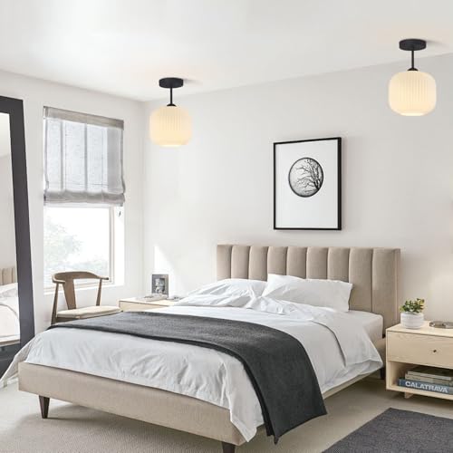 Small White Ribbed Glass Flush Mount Ceiling Light (2 Count)