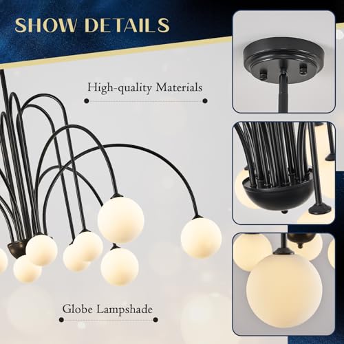 Black Sputnik Chandelier with Milk Glass Globe 12 Lights L52 Inch