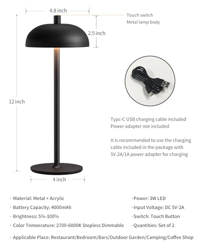 12" Cordless Table Lamps Set of 2 (2 Count)