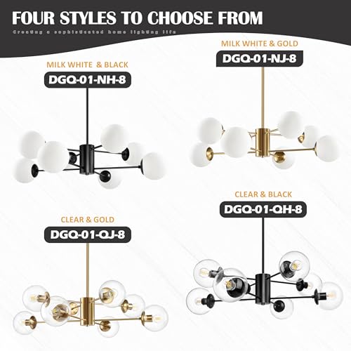 8 Light Globe Sputnik Chandelier Mid Century Sputnik Chandeliers Modern Black Chandelier with Clear Globe Pendant Light Clear Glass Adjustable Hanging Ceiling Light for Living Dining Room