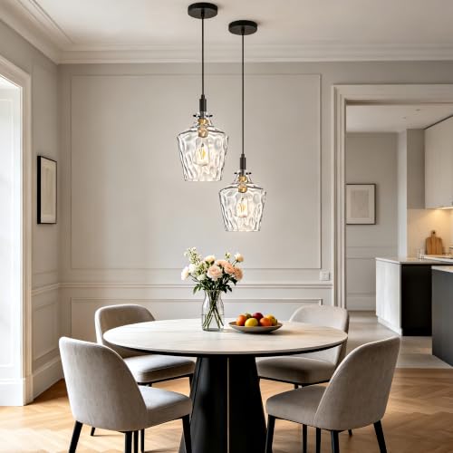 Hammered Glass Pendant Light for Kitchen Island 2 Pack Black Gold 8 Inch (2 Count)