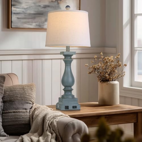 28" Tall Farmhouse Table Lamp with USB C+A Ports and AC Outlet