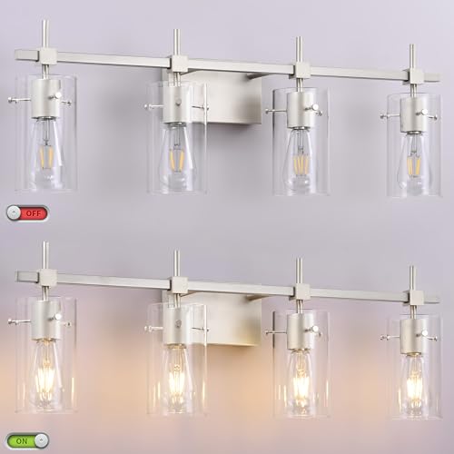 4 Light Bathroom Vanity Lights Bathroom Lights Over Mirror Vintage Bath Lighting Brushed Nickel Wall Sconce with Glass Shade (4 Count)