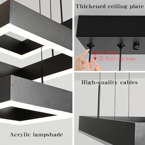 Modern Chandelier 58W LED Black Pendant Light Embedded Mount Square Rings LED Chandeliers Dining Room Light Fixtures for Kitchen Bedroom