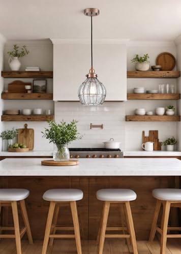 Kitchen Pendant Light Red Antique Copper with Cracked Glass Shade
