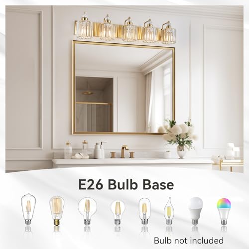 5 Light Modern Vanity Lights Brushed Brass Bathroom Light Fixtures Over Mirror Gold Bathroom Vanity Lighting with Crystal Shade E26 Base Wall Sconce for Bedroom Living Room Restroom Wall Lamp