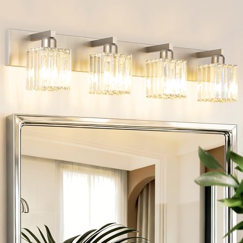 Brushed Nickel Bathroom Lighting Fixtures 4 Light Crystal Modern Bathroom Vanity Light
