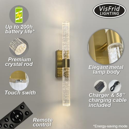 Peel and Stick on Cordless Gold Crystal Wall Sconces with Remote Set of 2