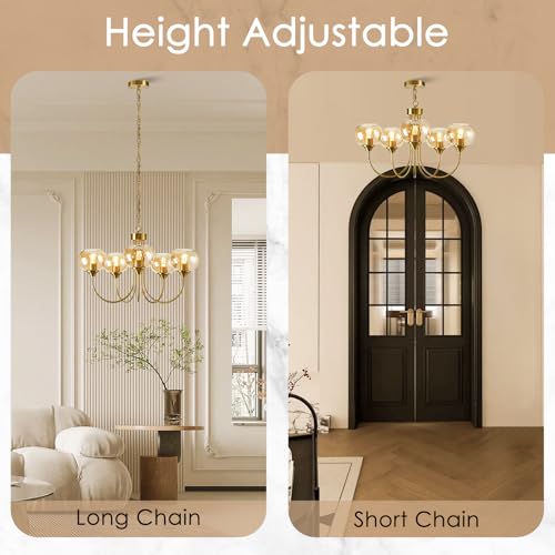 Mid Century Modern Globe Chandelier 5 Light Amber Glass Vintage Sputnik Chandeliers Gold Pendant Light Fixtures for Dining Room Kitchen Living Room Bedroom