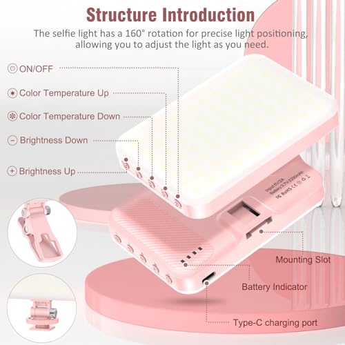 60 LED Portable Selfie Light Video Conference Lighting with Clip & Camera Tripod Adapter Rechargeable 2200mAh CRI 97+