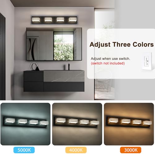 4 Light LED Black Vanity Lights for Bathroom Light Fixtures Adjust 3 Colors Modern Bath Lighing Over Mirror LED Vanity Light 27inch Acrylic Heads (4 Count)