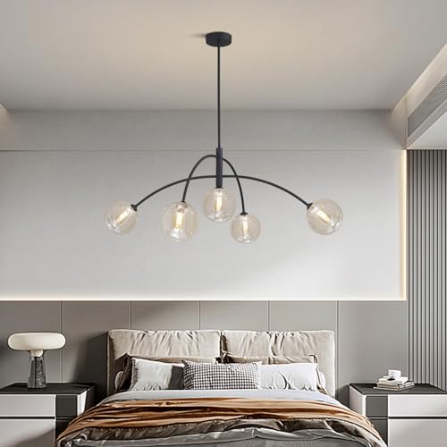 5 Light Modern Brass Chandelier Fixture Globe Glass Shade Pendant Light Black Kitchen Large Chandelier for Dining Room Kitchen Bedroom