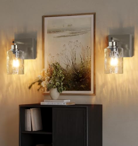 Hammered Glass Wireless Battery Operated Wall Sconces Set of Two Nickel