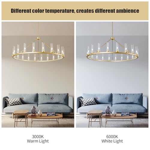 20 Light Large Wagon Wheel Chandelier with Clear Glass Shade Gold Round Pendant Light Farmhouse Industrial Chandeliers Dining Room Light Fixture for Stair Living Room Foyer Kitchen