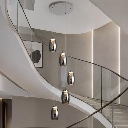 Modern 5 Light LED Staircase Chandelier with Smoke Gray Glass