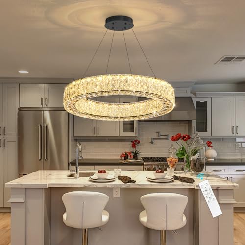 Modern Round Crystal Chandelier Remote Dimmable Ceiling Light Fixture for Dining Room Living Room Kitchen Island Black